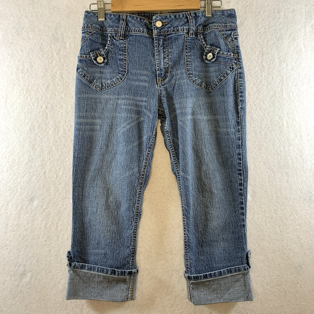 Vintage 90s Gitano Womens Y2K Capri Jeans Sz 10 Blue Rolled Cuff Button Mid Rise